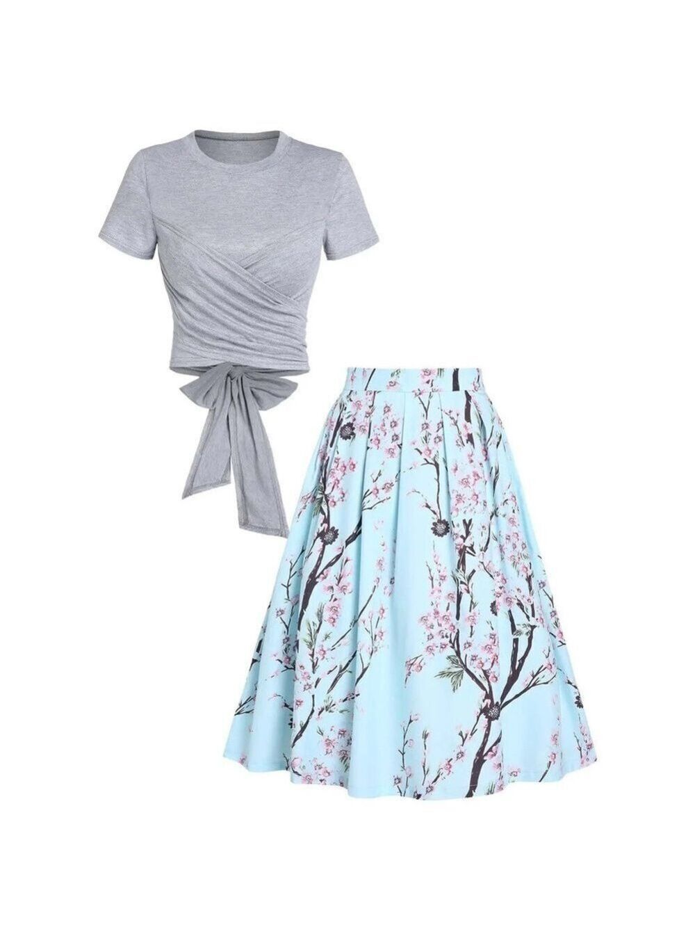 Camisa Gray Twist Front Bow Back Crewneck Top Blue Floral Midi Skirt XL - Picture 4 of 16